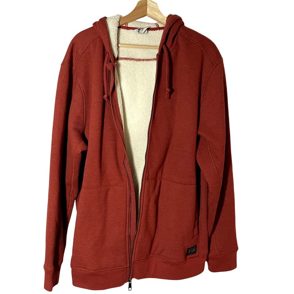 Duluth Trading Co red full zip fleece lined hooded sweater pockets men's size XL